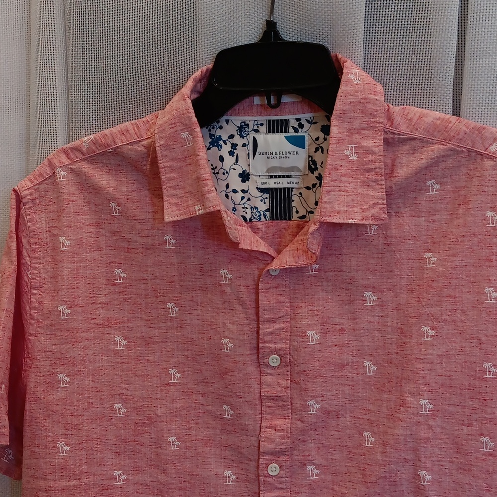 Denim & Flower Men's Pink Casual Button Down Shirt With Palm Trees